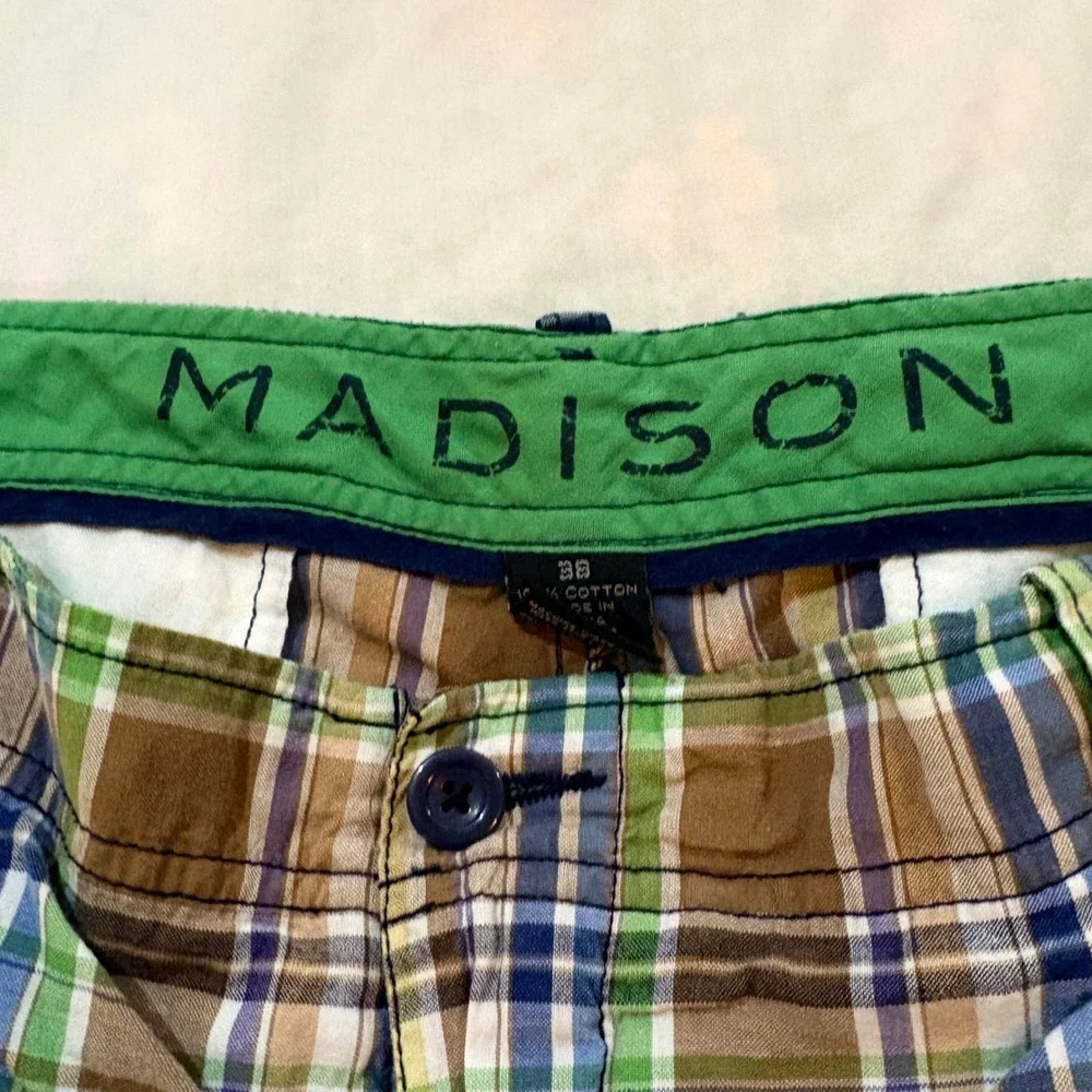 Madison Mens Plaid Shorts Size 38 Green Navy Blue Brown Cotton Flat Front Summer